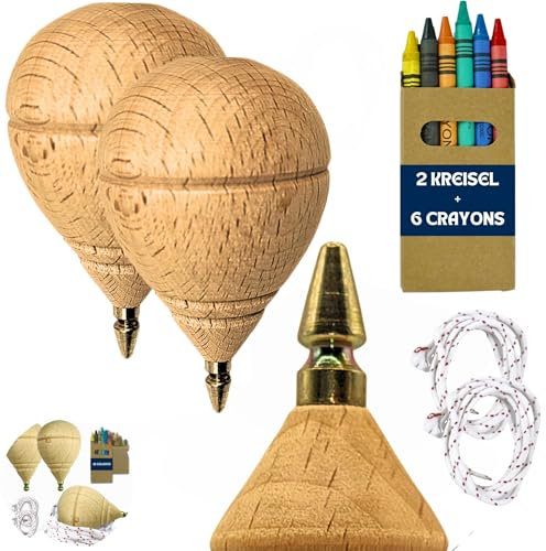 AF® - Kreisel aus Holz, Set mit Kreiseln für Kinder + Buntstifte für Kinder, Personalisieren Sie Ihren Trompo aus Holz (2 Minis und 6 Wachsmalstifte)