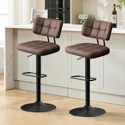 Ckaff Barhocker 2er Set, Barstuhl höhenverstellbar aus PU-Leder, 360°Drehstuhl Küchenstuhl mit Rückenlehne und Fußstütze für Küche, Wohnzimmer, Esszimmer, Braun