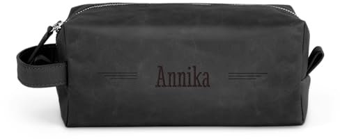 Personalisierte Kulturtasche aus echtem Büffelleder - Kulturbeutel Herren personalisiert mit Namen, Exklusive Ledertasche für Männer (Schwarz)