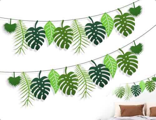 AOYEGIC 2 Stück Dschungel Geburtstag Deko,Wiederverwendbare Palmblätter Girlande,Künstliche Tropische Blätter Banner,verwendet für Geburtstagsfeier Hawaiianische Party Dekoration(Grün)