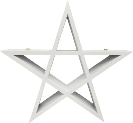 PREMZO Pentagram Star Wall Shelf Wooden Floating Display Shelf Holder Gothic Wall Mounted Pagan Wiccan Organiser for Kids Room Bedroom Living Room Home Office Décor (White)