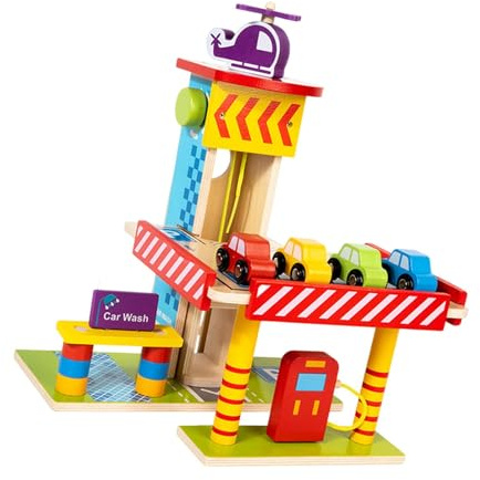 KiBcsLic Wooden Parking Garage Playset Helicopter Educational Boys Girls Pretend Toy