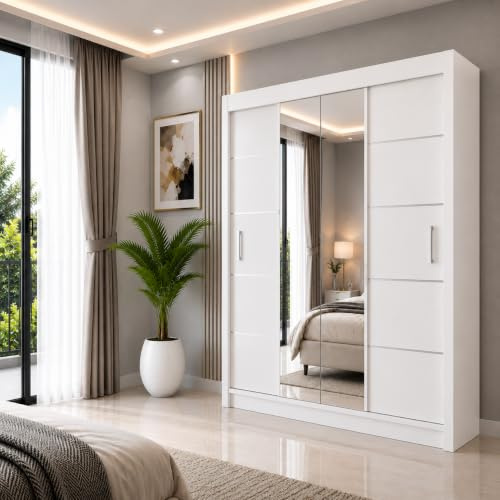 REXwood Furniture Oslo Sliding Door Wardrobe with Mirror, Modern Bedroom Wardrobe with Shelves and Hanging Rails, Grey Matt Finish, 150-250 cm (White, 180cm)