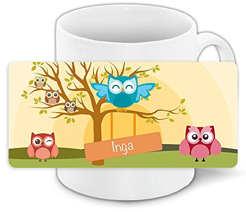 Eulen-Tasse mit Namen Inga und schönem Motiv mit Eulen-Landschaft für Mädchen - Tasse für Kinder Keramiktasse