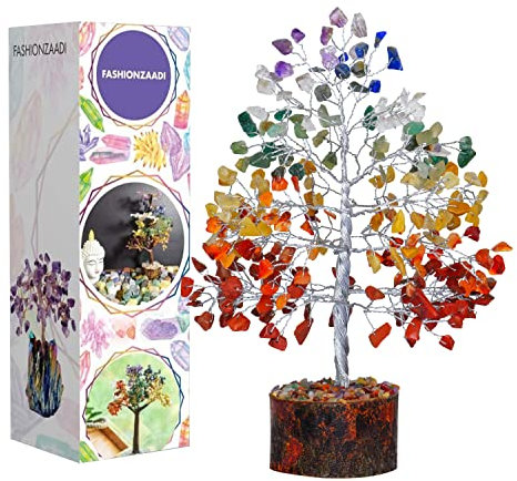 FASHIONZAADI Seven Chakra Gemstone Tree Reiki Healing Stone Feng Shui Bonsai Money Crystal Trees Stones Spiritual Gift for Home Office Living Room Decor Size 10 inch (Silver Wire)