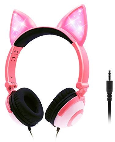 ONTA Kids Headphones with Cute LED Glowing Cat Ears,Foldable, Noise-Canceling and Adjustable Kids Headphones for Boys and Girls (Pink)