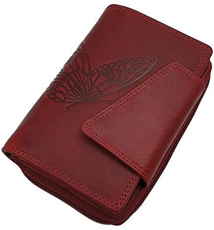 Echt Rindleder Damen Geldbörse/Geldbeutel/Portemonnaie/Geldtasche/Portmonee in Hochformat mit Schmetterling-Motiv mit RFID & NFC Schutz in Cognac oder Kirschrot (Kirschrot)