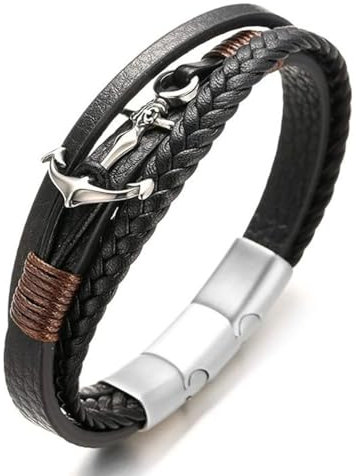 Halukakah Plus ● Segeln ● Herren-Armband Handgefertigt | Echtleder Schwarz | Magnetverschluss Edelstahl | Wickelarmband 3 Runde | Titan Anker | KOSTENLOS Geschenkbox | Größe Einstellbar 21.5cm-23cm