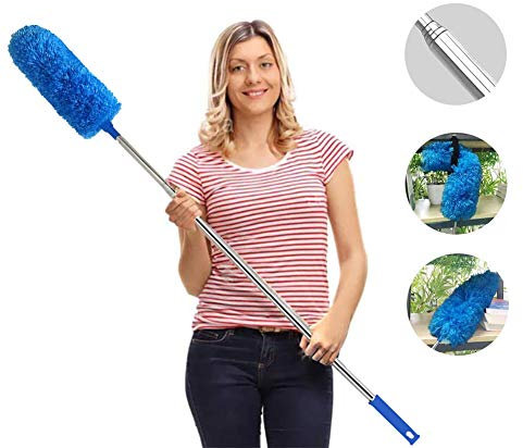 Feather Duster,Duster Extendable for Cleaning with Telescoping Extension Pole Extendable Duster for Cleaning High Ceiling Fan,Blinds, Baseboards,Cars(Blue)