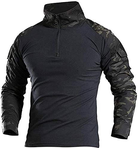 FENG Tactical Military Combat T-Shirt für Herren Langarm Slim Fit Camo Shirt Militäruniform Airsoft Zubehör Jagd Wandern (CP Black,5XL)