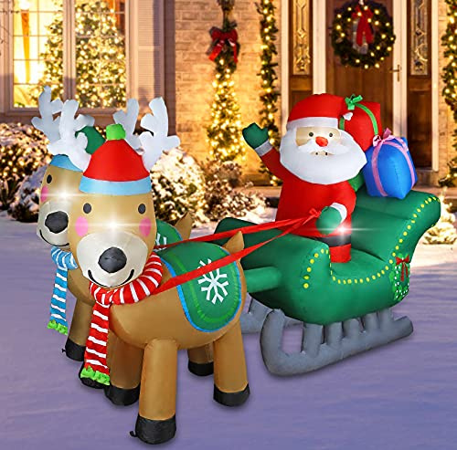MorTime Aufblasbarer Weihnachtsmann auf Schlitten, gezogen von Zwei Rentieren mit Geschenkboxen, beleuchtete Weihnachtsdekoration mit LED-Lichtern für Weihnachten, Outdoor-Dekorationen