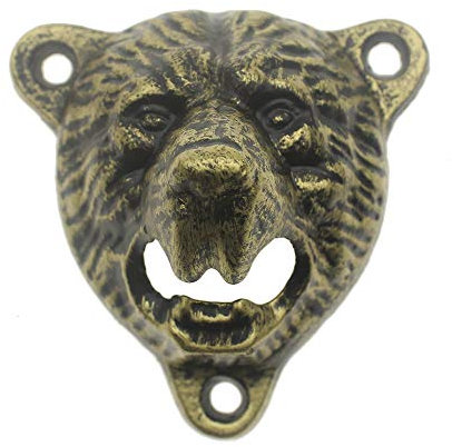 Aged Bronze Cast Iron Bottle Opener Wall Mounted with Retro Bear Head Grizzly Teeth Bite for Patio Farmhouse Garage Packed in Box
