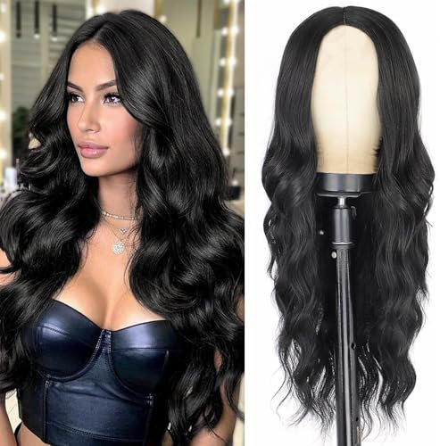 PORSMEER Perücken Damen Lange schwarze Lockige Wellig Perücken Synthetische Hitzebeständige Natürlich Haare Für Frauen Alltag Cosplay Kostümparty Halloween Fasching Black Wigs 26 inches