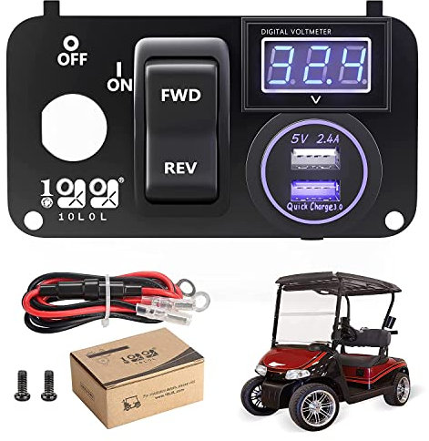 10L0L Golf Cart Key Switch Console Plate Panel for EZGO TXT PDS 2003-up Electric, Equipted Forward Reverse Switch & LED Digital Voltmeter & 12V 3.0 Fast Charger Dual USB Socket