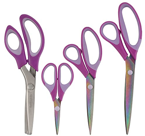 BambooMN Titanium Softgrip Scissors Set - Pinking, Sewing, Arts, Crafts, Office - 1 Set of 4 - Purple