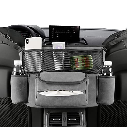 Qirc Porte-sac à main de voiture entre les sièges, organiseur de rangement en daim pour siège de voiture, durable à suspendre, grande capacité, sac de rangement pour siège avant (gris)