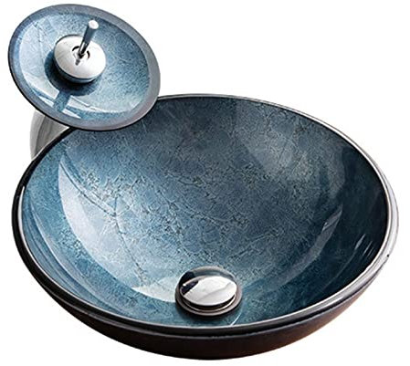 ZTGL Waschbecken Modernes Waschbecken-Set aus Gehärtetem Glas mit Wasserfall-Armatur, Rundes Aufsatzwaschbecken Waschschale Gäste WC L42 x W42 x H14.5 cm