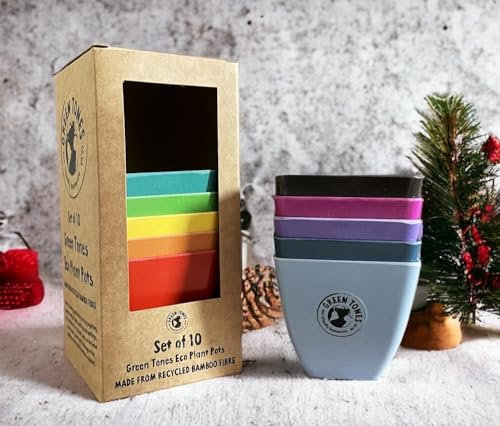 Reusable Eco Square Grow Pot Rainbow Set - Plant Seedling Gardening Gardener Kids Gift - Set of Ten Eco-Friendly Recycled Bamboo Fibre Plant Pot