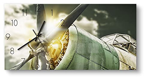 DEQORI Glasuhr | vertikal 60x30 cm | Motiv Propellerflugzeug nah | große XXL Design Uhr aus Glas | leise Wanduhr für Wohnzimmer & Küche | Moderne Hingucker Uhr für die Wand