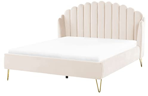 Beliani Polsterbett Samtstoff beige mit Lattenrost vertikale Steppung 160x200cm Ambillou
