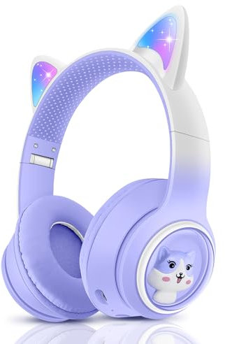 JYPS Auriculares Inalámbricos para Niños, Auriculares Orejas de Gato con Luces LED para Niña/Niños de 3 años, Cascos Gato Bluetooth Diadema para Niño Plegables con Micrófono para Kindle (Morado)