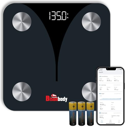 Bisonbody Smart Digitalwaage – Erfasst 20 Körperzusammensetzungsmetriken, BMI, Körperfett und vieles mehr Verbindet sich mit Smartphone-App Unterstützt 8 Benutzer Digitale Familienwaage