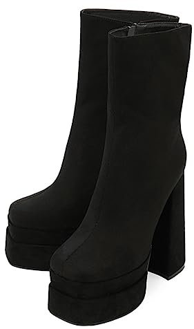 Omeslike Stivaletti con Punta Quadrata in Pelle Scamosciata Vintage da Donna, Stivaletti con Plateau e Tacco Grosso, Stivali a metà Polpaccio con Tacco Alto 15 cm,Nero,35