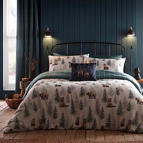 Dreams & Drapes Woodland Bear Duvet Cover Set – Super King Size 260 x 220cm – Brushed 100% Cotton Flannelette – Reversible – Green Check & Trees – 2 Pillowcases – Autumn/Winter Bedding