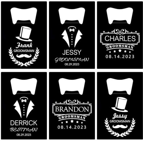 6PCS Personalised Bottle Openers Credit Card Size, Groomsmen Best Man Gifts for Wedding Bachelor Party, Stainless Steel Beer Bottle Opener, Black