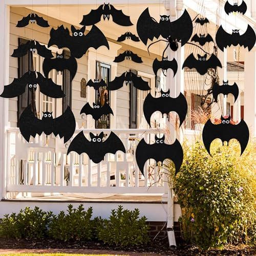 Halloween Fledermaus Dekoration zum Aufhängen Filz Große Schwarze Fledermaus Girlande mit 3D Augen-Aufklebern für Halloween Junggesellinnenabschied Zuhause Innen- und Außenbereich Baum Veranda 24Pcs