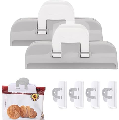 Juego de 6 clips de cierre para bolsas de alimentos, pinzas de cierre de plástico, clips de cocina, clips para bolsas, dispensador de aperitivos, clip para bolsas, cierre de bolsas (gris blanco)