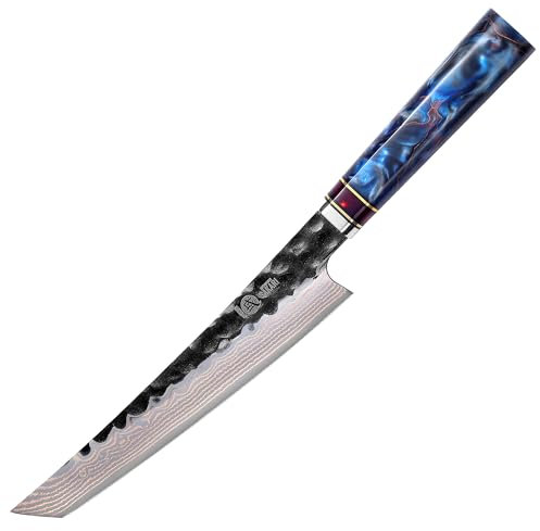 MITSUMOTO SAKARI Japanese Sushi Knife, 8 inch Hand-Forged Tricolour Copper Damascus Steel Chef Knife, Professional Kitchen Yanagiba Knife (Blue Resin Handle and Sandalwood Box)