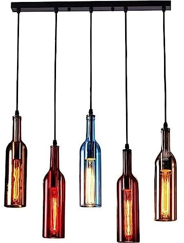 JIEZM Personality Colored Glass Wine Bottle 5-Light Pendant Light Creative urant Suspension Fixture Loft Industrial Cafe Bar Ceiling Lighting Fixtures with E27 Fitting Decor Vintage Elie