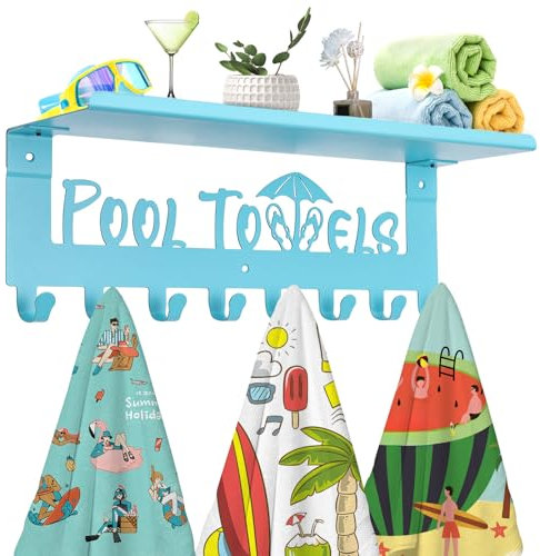 IBosins Porte-serviettes de piscine avec étagère, porte-serviettes d'extérieur à 8 crochets, support mural pour accrocher peignoirs, serviettes, vêtements – Panneau extérieur parfait pour piscine et