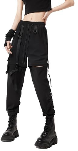 CLOAKA Cargohose Damen Cargo Hose Hosen Techwear Baggy High Waist Gothic Jogginghose Hip Hop Cargohosen Weites Bein Outdoor Schwarze M