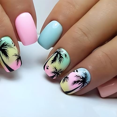 24 Pcs False Nails Short for Women, Coconut Beach, Full Cover Press On, Removable Glue On Acrylic Fake Nails With Glue Stickers, Women Girls Nail Art Accessories
