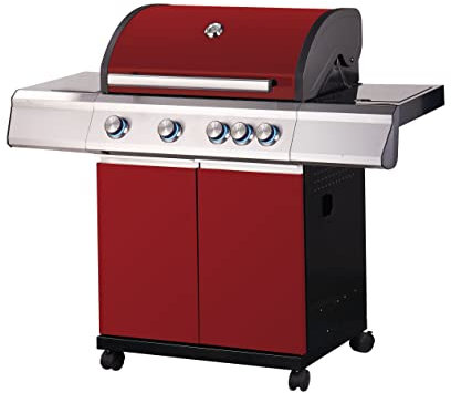 Tarrington House Barbacoa de gas Paxton de 4 + 1 Quemadores, Acero/Acero Inoxidable, 16.5 kW, Tapa con Termómetro, Mesa Auxiliar, Ruedas, Rojo