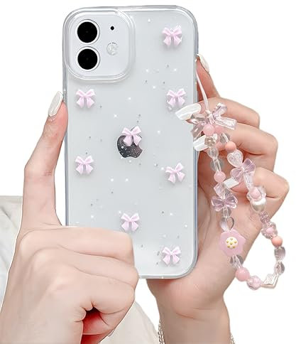 Phone Case for iPhone 11 Case, Clear Cute Glitter 3D Bow Design with Coquette Aesthetic Charm Girly Soft Sparkly Protective Case for iPhone 11 case Women Phone Cover with Trendy Phone Chain-Pink Bow