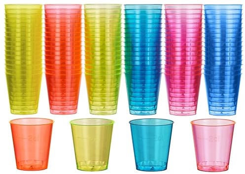 MATANA 60 Plastic Shot Glasses, Neon (30ml / 1oz) - Reusable - UV-Reactive - Jelly Shots, Sample Tasting Cups, Plastic Shot Cups for Parties, Birthdays, Weddings, Stag, Hen Parties
