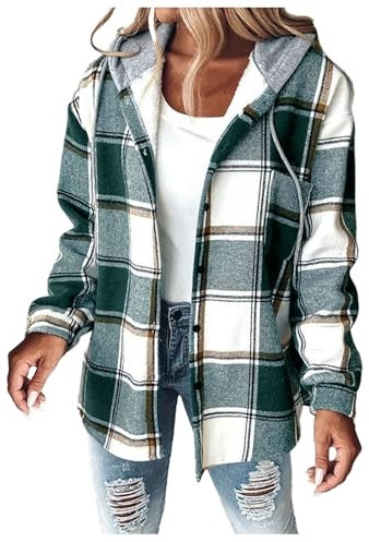 Damen Lässige Karierte Wolljacke mit Print Mantel Warme Winterjacke mit Taschen Umlegekragen Langarm Oberbekleidung Strickjacke mit Knöpfen
