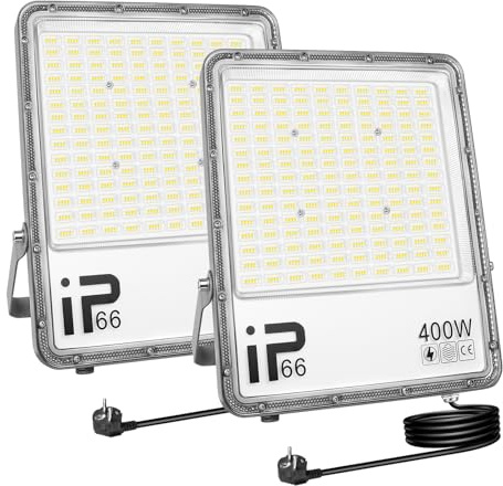 AUXTINGS 2 PCS 400W LED Floodlight, Security Flood Lights Outdoor 6000K Bright Daylight IP66 Waterproof Work Lamp for Home Garden Garage Yard Warehouse Patio Billboard Lighting with 1.5M Wire UK Plug