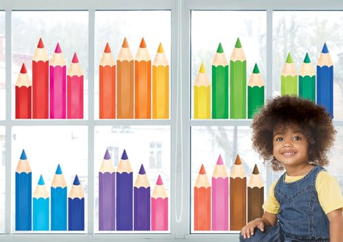 DECOWALL CDS9-9005 Fensteraufkleber Haften Buntstiften Regenbogen Bunte wiederverwendbare wasserdichte Glasaufkleber Kinder Klassenzimmer Kinderzimmer Wohnkultur Babyzimmer