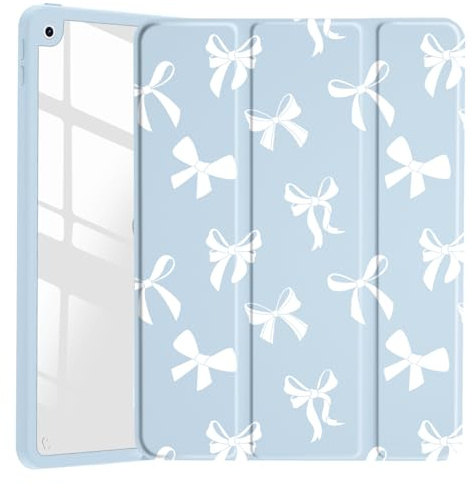 JOYLAND White Bow Pattern Case for iPad Pro 12.9 6th/5th/4th/3rd Generation (2022/2021/2020/2018), Clear Transparent Acrylic Hard Back Blue Case with Pencil Holder Trifold Stand Tablet Cover