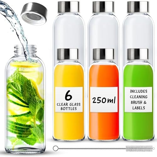 Glass Bottles with Lids - 6 Pack 250ml Leakproof, Reusable Glass Drinking Bottle for Water, Juice, Milk and Smoothie - with Airtight Metal Lids, Cleaning Brush and White Labels