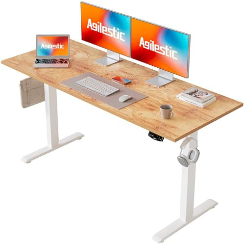 Agilestic Electric Standing Desk, 140 x 60 cm Height Adjustable Sit Stand Desks with Splice Board and Memory Smart Pannel, Home Office Desk, Light Brown