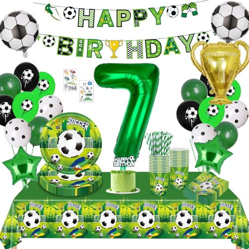 Fussball Geburtstag Deko 7 Jahre,Fussball Partygeschirr Set, Fußball Luftballon 7. Geburtstag,Geburtstagsdeko Jungen 7 Jahre,Pappteller Tischdecke für Fussball Party Kindergeburtstag 16 Gäste