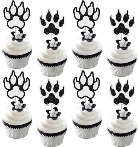 Xsstarmi 24 Pack Paw Cupcake Toppers Glitter Black Paw Cupcake Picks for Baby Shower Pets Birthday Party Cake Decorations Supplies Black