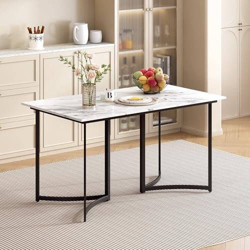 ModernLuxe Moderner Esstisch Weiß mit Marmoroptik – 140x80 cm Küchentisch mit Gebogenen Tischbeinen und Verstellbaren Füßen, Stilvoller Esstisch für Esszimmer und Küche Weiß+Schwarz