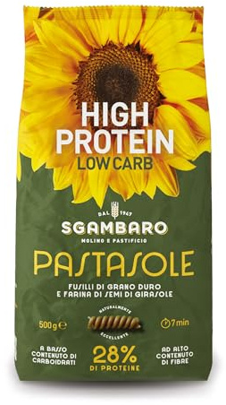 PASTASOLE Sgambaro - Fusilli Pasta Proteica con Semola di Grano Duro 100% italiano e Farina di Semi di Girasole - 500g - High Protein, Low Carb, Ricca di Fibre