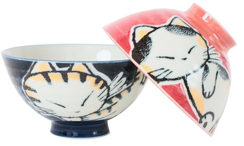 Mino ware Japanese Pottery Pair Rice Bowl Animal Pattern (set of 2) made in Japan (Japan Import) MIG016 (Tabby Cat)